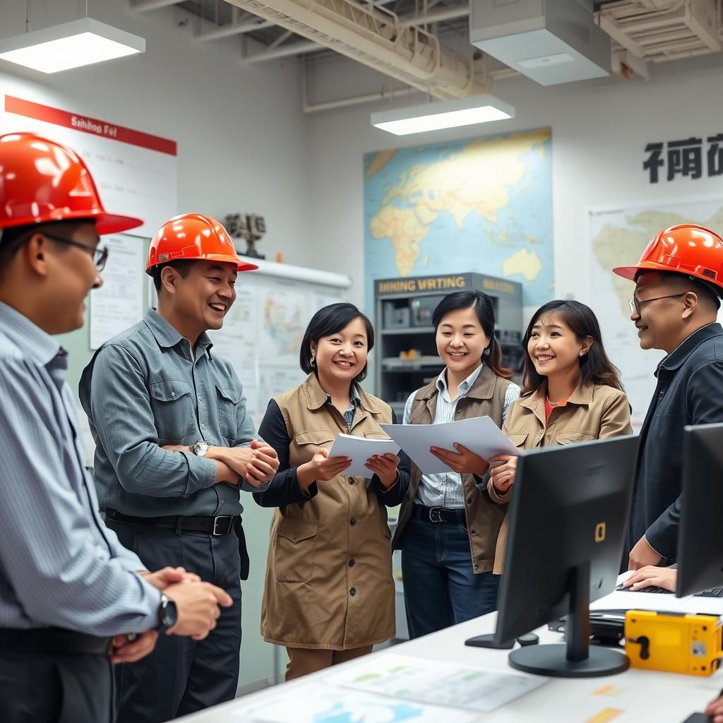 a professional mining office setting with diverse colleagues engaged in a discussion