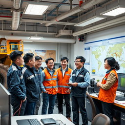 a professional mining office setting with diverse colleagues engaged in a discussion