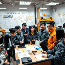 a professional mining office setting with diverse colleagues engaged in a discussion