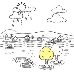 An outline illustration of a flood scene suitable for coloring for kindergarten and elementary school children