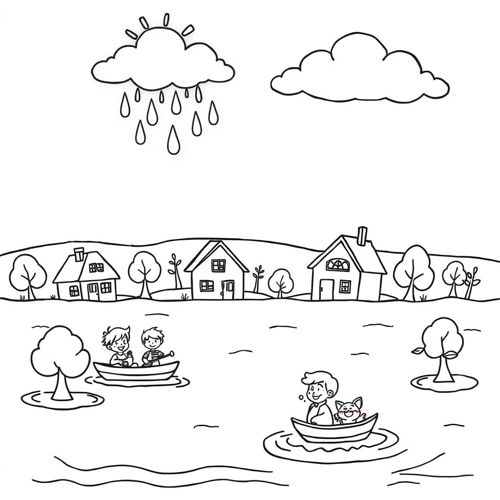 An outline illustration of a flood scene suitable for coloring for kindergarten and elementary school children