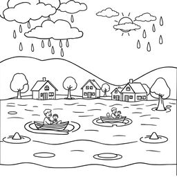 An outline illustration of a flood scene suitable for coloring for kindergarten and elementary school children