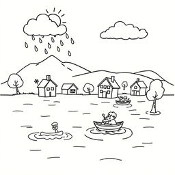 An outline illustration of a flood scene suitable for coloring for kindergarten and elementary school children