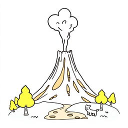 An outline illustration of a volcano erupting suitable for coloring for kindergarten and elementary school children