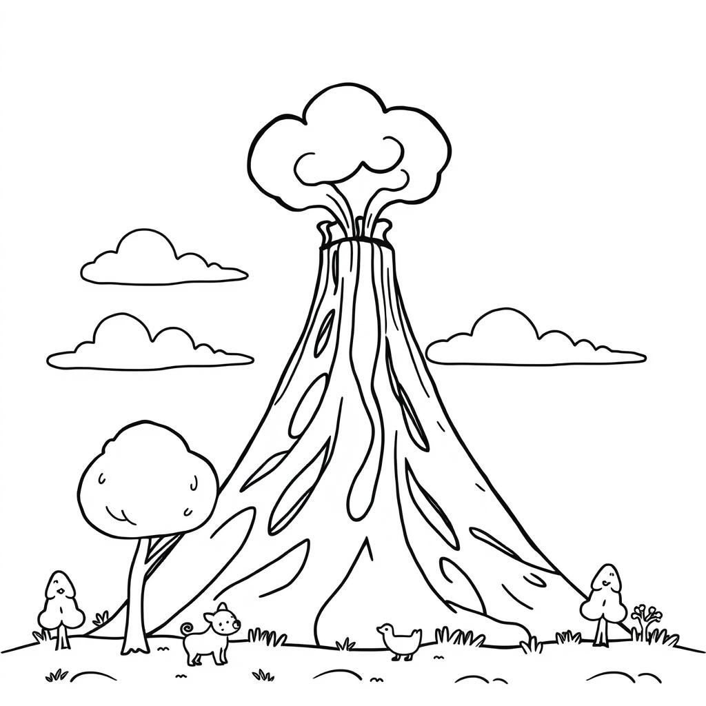 An outline illustration of a volcano erupting suitable for coloring for kindergarten and elementary school children