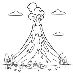 An outline illustration of a volcano erupting suitable for coloring for kindergarten and elementary school children