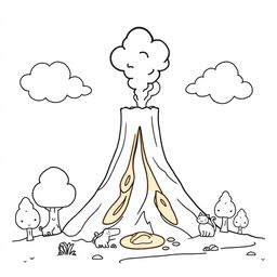 An outline illustration of a volcano erupting suitable for coloring for kindergarten and elementary school children