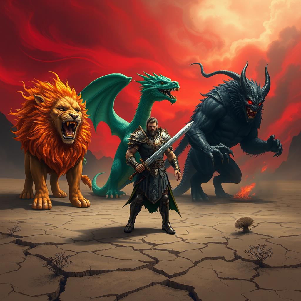 A collection of mythical beasts, each distinct and characterized by backstories and motivations: a fiery lion with blazing mane and burning eyes, a serpentine dragon with emerald scales and glimmering eyes, and a shadowy demon with swirling, dark mist and glowing red features, surrounding a lone warrior clad in ornate armor, wielding a gleaming sword, standing bravely in a barren wasteland, with cracked earth and sparse vegetation under a dramatic blood-red sky filled with swirling clouds