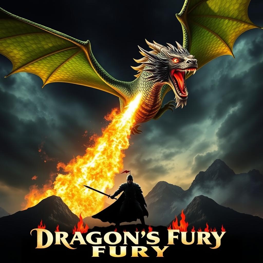 A dramatic movie poster featuring a fire-breathing dragon soaring against a dark, stormy sky, its scales shimmering in shades of green and gold
