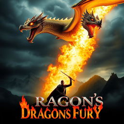 A dramatic movie poster featuring a fire-breathing dragon soaring against a dark, stormy sky, its scales shimmering in shades of green and gold