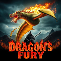 A dramatic movie poster featuring a fire-breathing dragon soaring against a dark, stormy sky, its scales shimmering in shades of green and gold