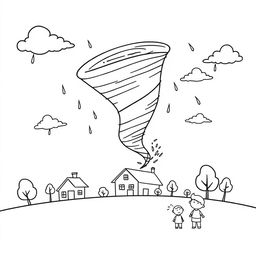 An outline illustration of a tornado scene suitable for coloring for kindergarten and elementary school children
