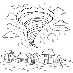 An outline illustration of a tornado scene suitable for coloring for kindergarten and elementary school children