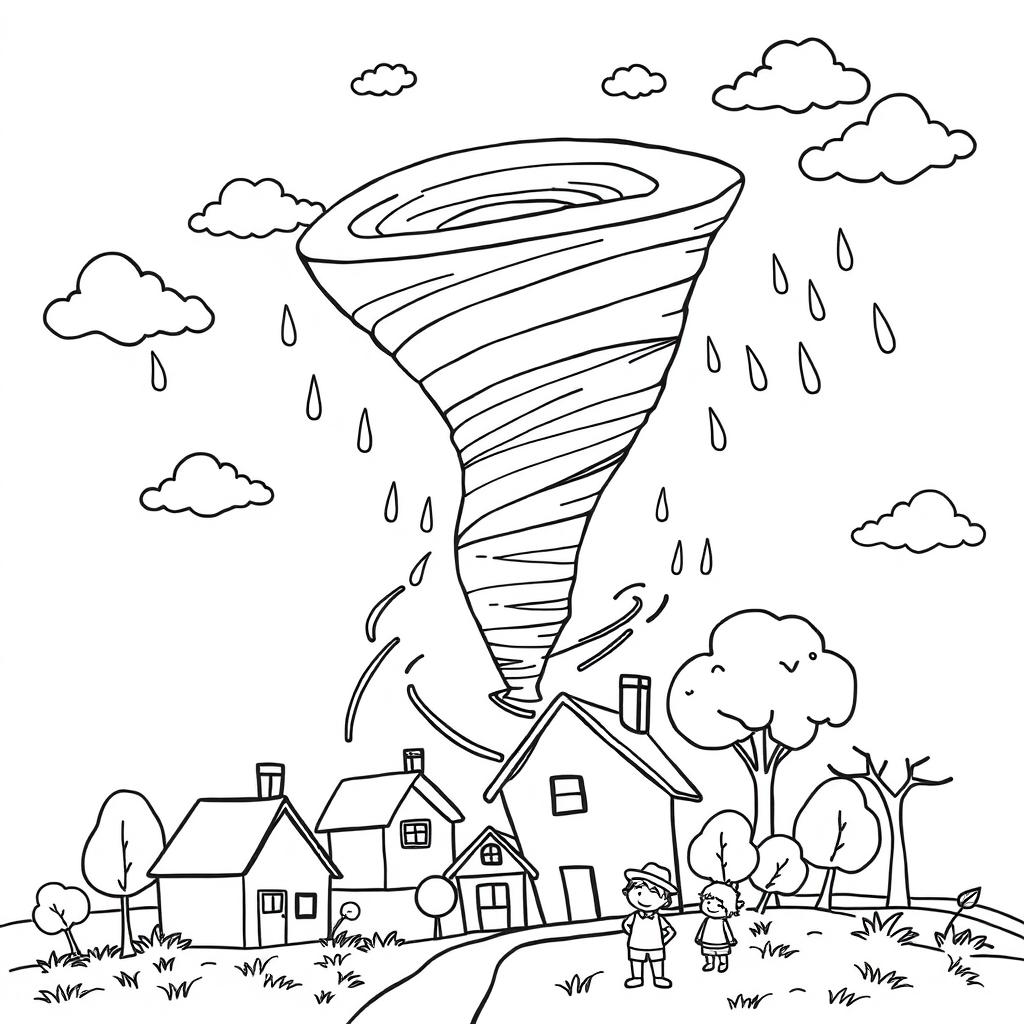 An outline illustration of a tornado scene suitable for coloring for kindergarten and elementary school children
