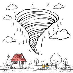 An outline illustration of a tornado scene suitable for coloring for kindergarten and elementary school children