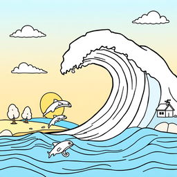 An outline illustration of a tsunami scene suitable for coloring for kindergarten and elementary school children