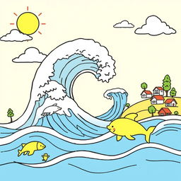 An outline illustration of a tsunami scene suitable for coloring for kindergarten and elementary school children
