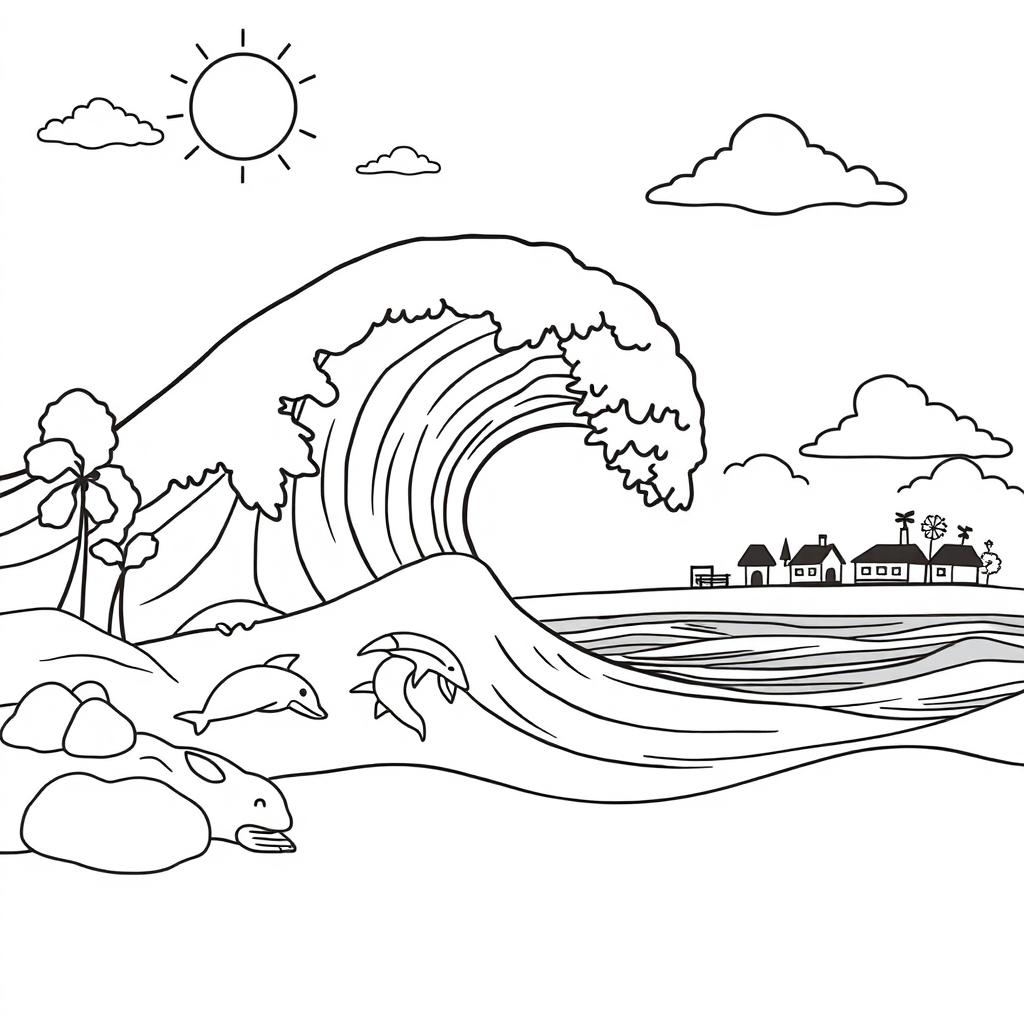An outline illustration of a tsunami scene suitable for coloring for kindergarten and elementary school children