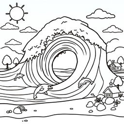 An outline illustration of a tsunami scene suitable for coloring for kindergarten and elementary school children
