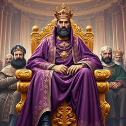 A regal figure inspired by Shahryar, the King of Iran, depicted in a vibrant pulp illustration style