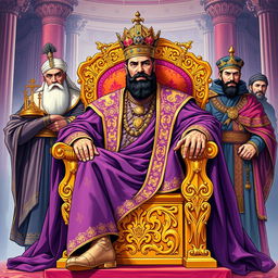 A regal figure inspired by Shahryar, the King of Iran, depicted in a vibrant pulp illustration style