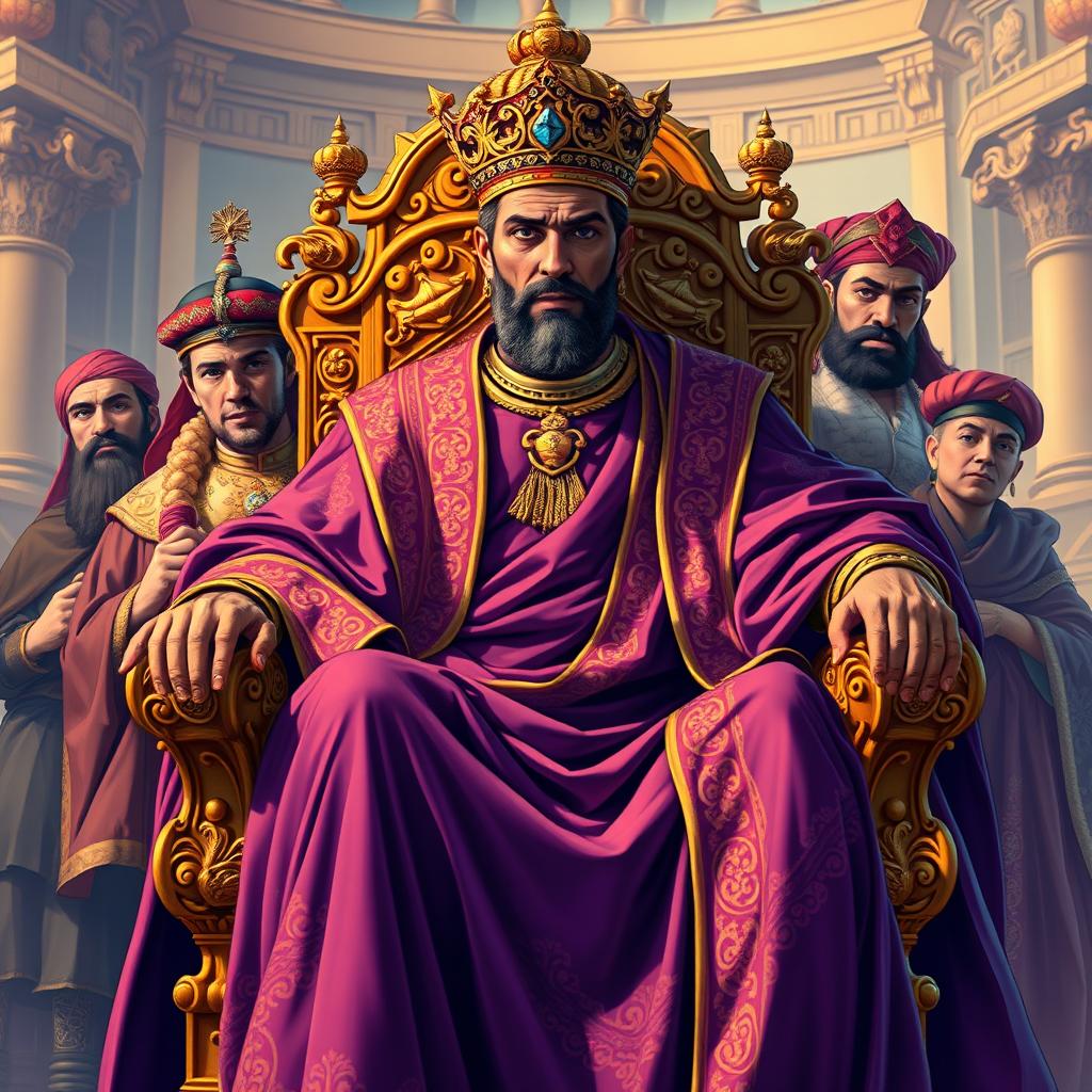 A regal figure inspired by Shahryar, the King of Iran, depicted in a vibrant pulp illustration style