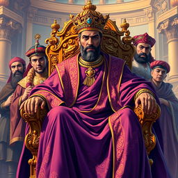 A regal figure inspired by Shahryar, the King of Iran, depicted in a vibrant pulp illustration style