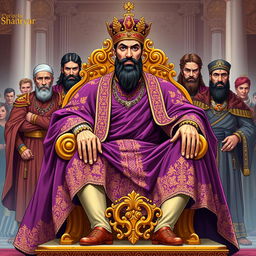 A regal figure inspired by Shahryar, the King of Iran, depicted in a vibrant pulp illustration style