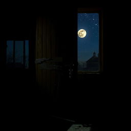 A broken door with splintered wood and hanging hinges in a dimly lit room