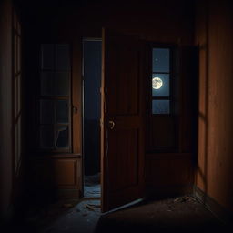 A broken door with splintered wood and hanging hinges in a dimly lit room