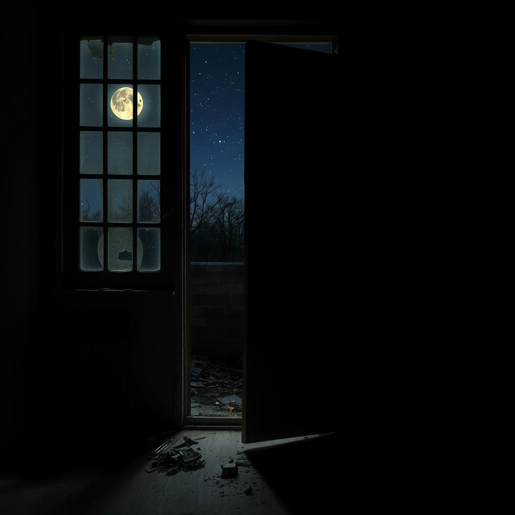 A broken door with splintered wood and hanging hinges in a dimly lit room