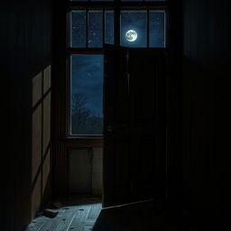 A broken door with splintered wood and hanging hinges in a dimly lit room