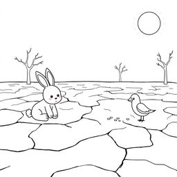 An outline illustration depicting a drought scene suitable for coloring for kindergarten and elementary school children