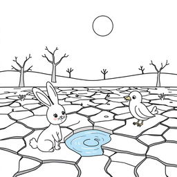 An outline illustration depicting a drought scene suitable for coloring for kindergarten and elementary school children