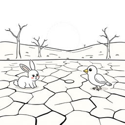 An outline illustration depicting a drought scene suitable for coloring for kindergarten and elementary school children