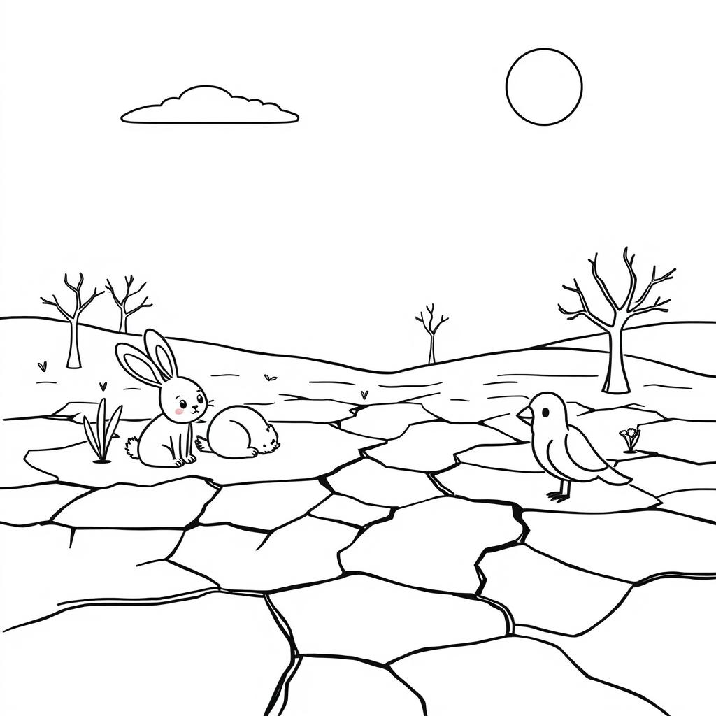 An outline illustration depicting a drought scene suitable for coloring for kindergarten and elementary school children
