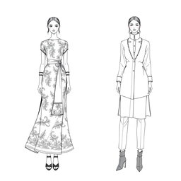 Two elegant fashion sketches of models wearing traditional attire, complete with shoes