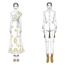 Two elegant fashion sketches of models wearing traditional attire, complete with shoes