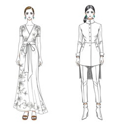 Two elegant fashion sketches of models wearing traditional attire, complete with shoes