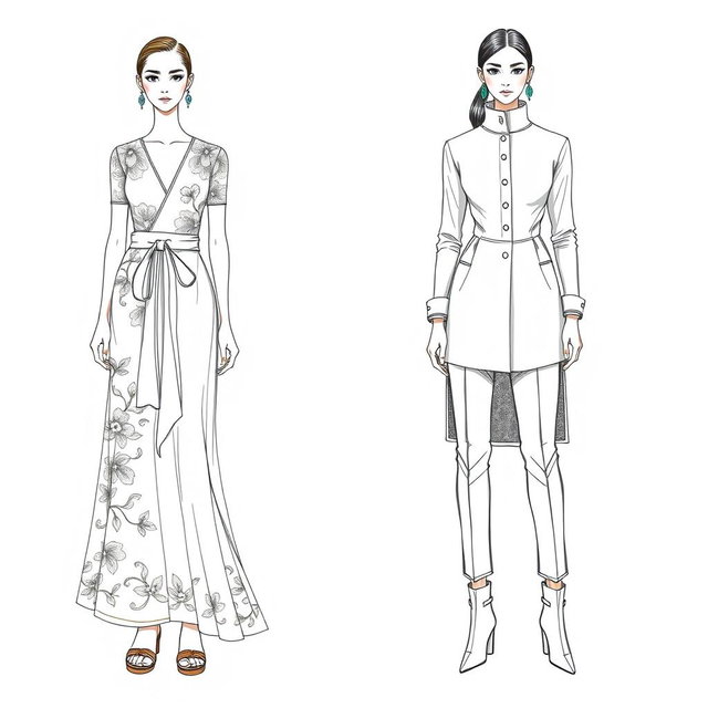 Two elegant fashion sketches of models wearing traditional attire, complete with shoes