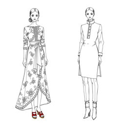Two elegant fashion sketches of models wearing traditional attire, complete with shoes