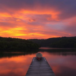 A breathtaking landscape photograph showcasing a vibrant sunset over a serene lake surrounded by lush green forests