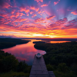 A breathtaking landscape photograph showcasing a vibrant sunset over a serene lake surrounded by lush green forests