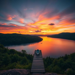 A breathtaking landscape photograph showcasing a vibrant sunset over a serene lake surrounded by lush green forests