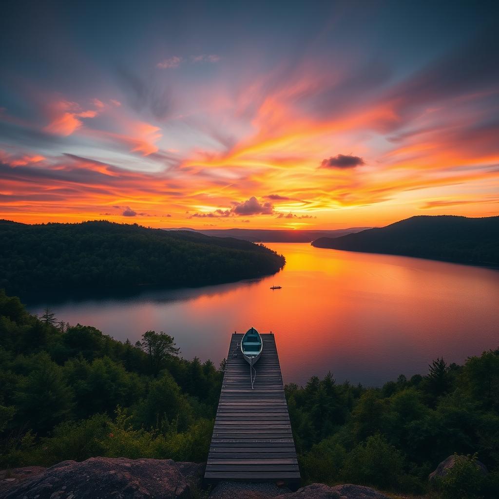 A breathtaking landscape photograph showcasing a vibrant sunset over a serene lake surrounded by lush green forests