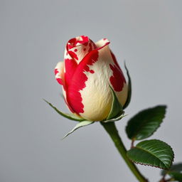 A close-up of a vibrant rose bud with a unique color pattern of creamy white and deep red, resembling a spotted animal