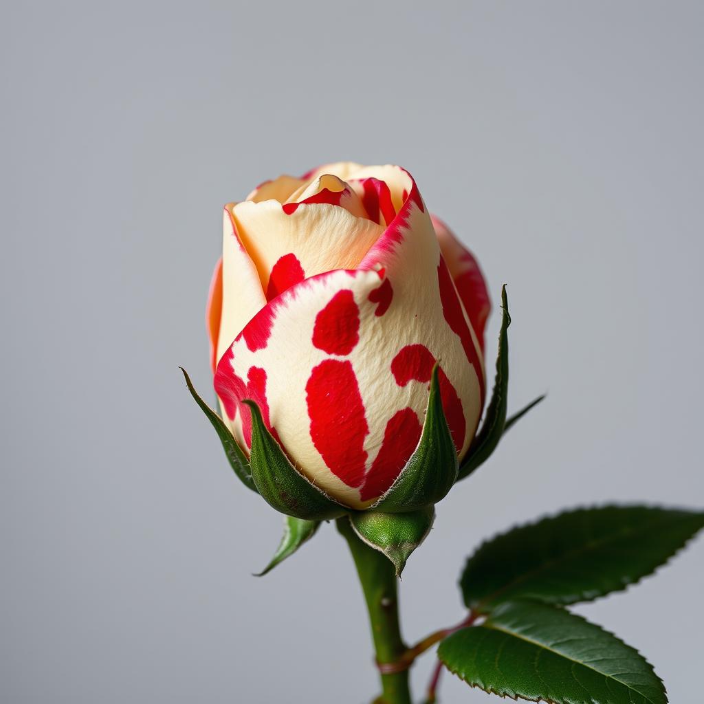 A close-up of a vibrant rose bud with a unique color pattern of creamy white and deep red, resembling a spotted animal