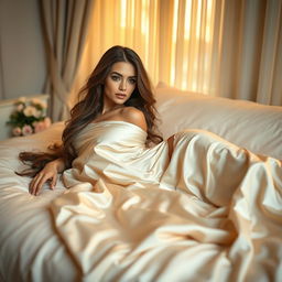 A beautiful woman with long flowing hair, sprawled gracefully on a soft, luxurious bed