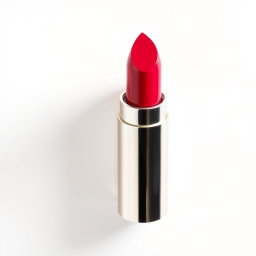 Professional photographs of a luxurious lipstick tube placed vertically on a pristine white background, showcasing the shiny metallic packaging and vibrant shade of the lipstick
