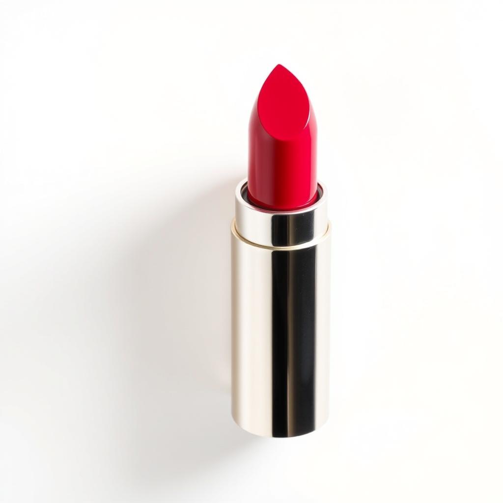 Professional photographs of a luxurious lipstick tube placed vertically on a pristine white background, showcasing the shiny metallic packaging and vibrant shade of the lipstick